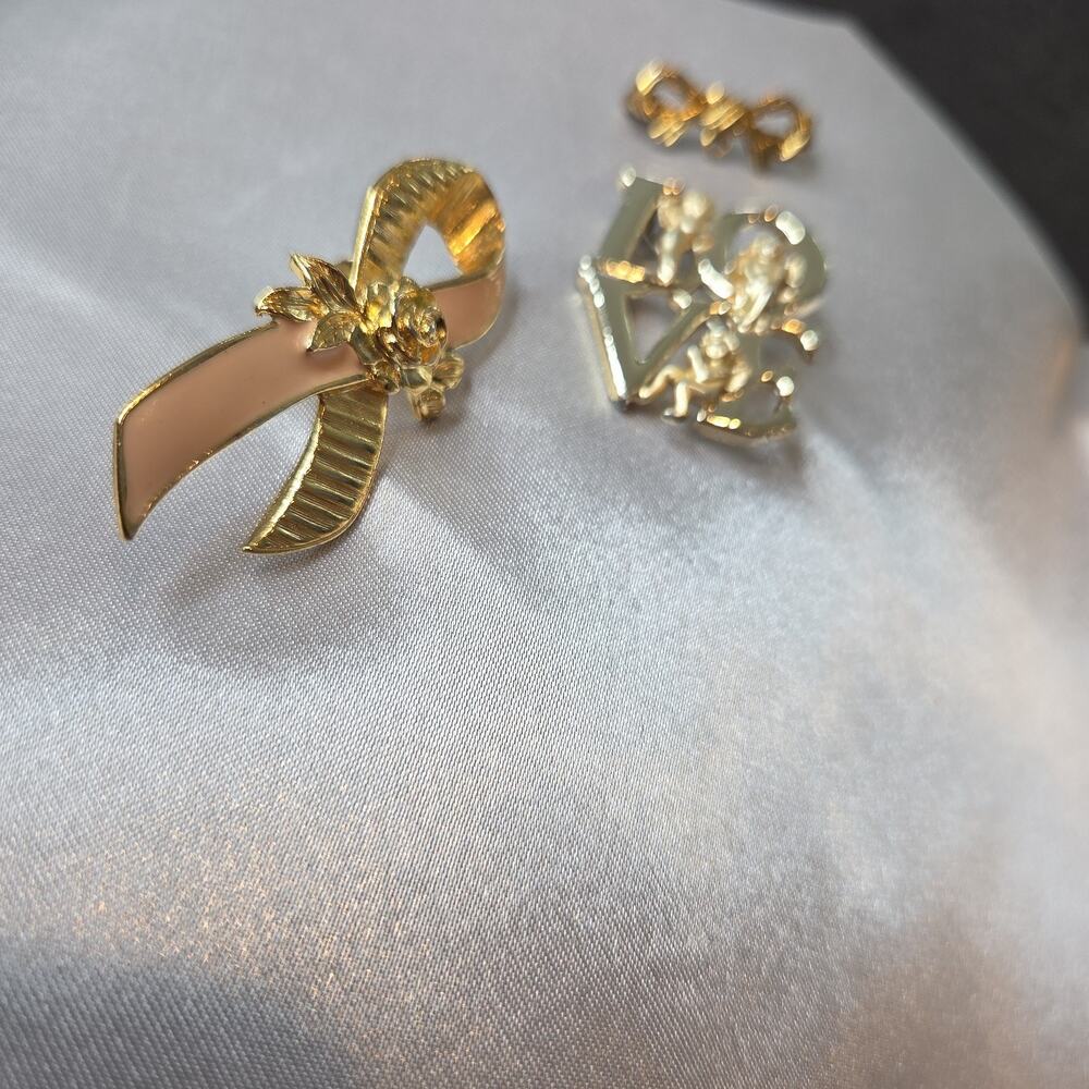 Vintage Love Care Support Brooch Lot Avon Pink Ribbon Cherub Angels Bow